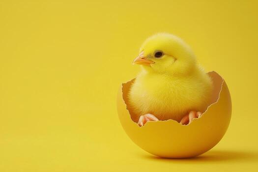 Little yellow chicks just hatched from an egg and sitting in the shell on a yellow background photo