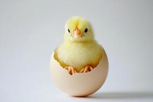 Little yellow chicks just hatched from an egg and sitting in the shell on a white background photo
