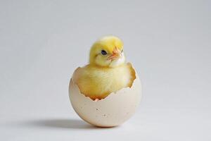 Little yellow chicks just hatched from an egg and sitting in the shell on a white background photo