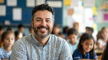 Portrait of smiling male teacher in a class at elementary school looking at camera photo