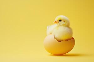 Little yellow chicks just hatched from an egg and sitting in the shell on a yellow background photo