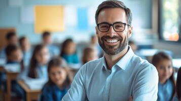 Portrait of smiling male teacher in a class at elementary school looking at camera photo