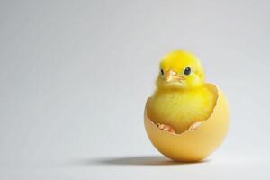 Little yellow chicks just hatched from an egg and sitting in the shell on a white background photo