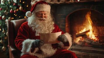 Santa Claus reads a letter with a wish list for Christmas at home near the fireplace photo