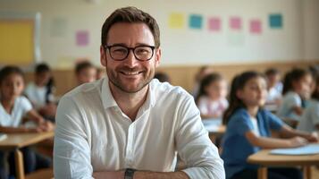 Portrait of smiling male teacher in a class at elementary school looking at camera photo