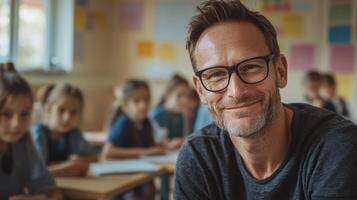 Portrait of smiling male teacher in a class at elementary school looking at camera photo