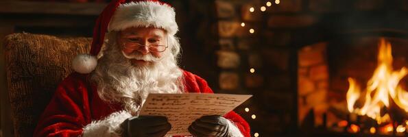 Santa Claus reads a letter with a wish list for Christmas at home near the fireplace photo
