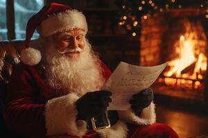 Santa Claus reads a letter with a wish list for Christmas at home near the fireplace photo