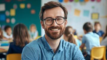 Portrait of smiling male teacher in a class at elementary school looking at camera photo