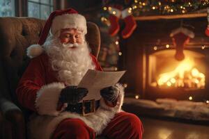 Santa Claus reads a letter with a wish list for Christmas at home near the fireplace photo