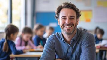 Portrait of smiling male teacher in a class at elementary school looking at camera photo
