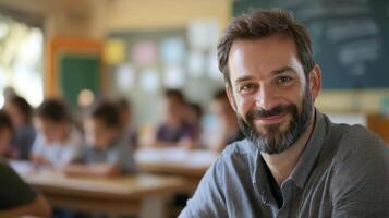 retrato de sonriente masculino profesor en un clase a elemental colegio mirando a cámara foto