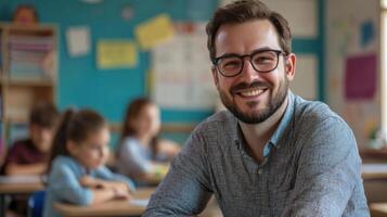 Portrait of smiling male teacher in a class at elementary school looking at camera photo
