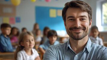 Portrait of smiling male teacher in a class at elementary school looking at camera photo