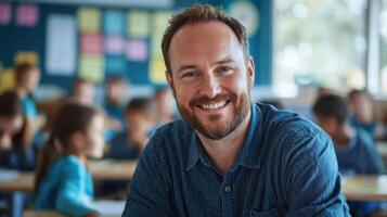 Portrait of smiling male teacher in a class at elementary school looking at camera photo