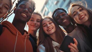 Multi ethnic student guys and girls taking selfie. Multi racial group of young people photo