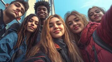 Multi ethnic student guys and girls taking selfie. Multi racial group of young people photo