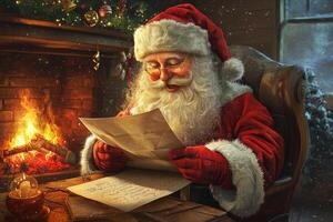 Santa Claus reads a letter with a wish list for Christmas at home near the fireplace photo