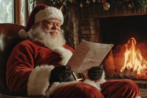 Santa Claus reads a letter with a wish list for Christmas at home near the fireplace photo