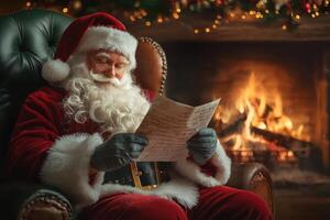 Santa Claus reads a letter with a wish list for Christmas at home near the fireplace photo