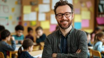 Portrait of smiling male teacher in a class at elementary school looking at camera photo