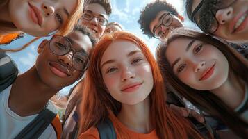 Multi ethnic student guys and girls taking selfie. Multi racial group of young people photo