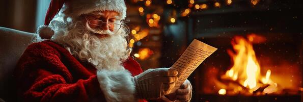 Santa Claus reads a letter with a wish list for Christmas at home near the fireplace photo