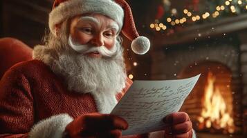 Santa Claus reads a letter with a wish list for Christmas at home near the fireplace photo