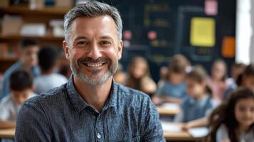 Portrait of smiling male teacher in a class at elementary school looking at camera photo