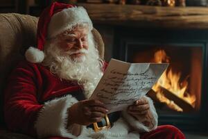 Santa Claus reads a letter with a wish list for Christmas at home near the fireplace photo