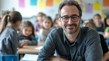 Portrait of smiling male teacher in a class at elementary school looking at camera photo