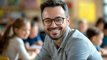 Portrait of smiling male teacher in a class at elementary school looking at camera photo