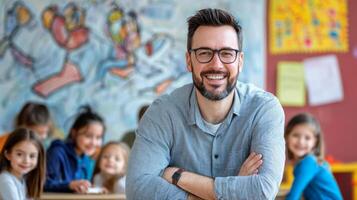 Portrait of smiling male teacher in a class at elementary school looking at camera photo