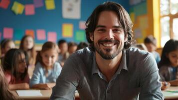 Portrait of smiling male teacher in a class at elementary school looking at camera photo