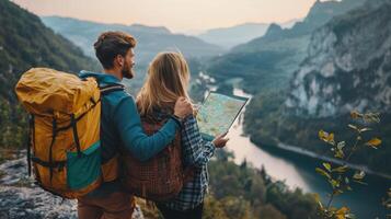 Couple traveling together and exploring new places. Beautiful couple walking with backpacks photo