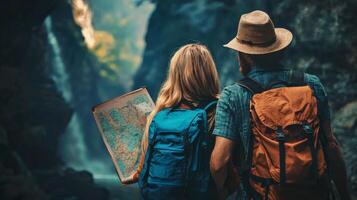 Couple traveling together and exploring new places. Beautiful couple walking with backpacks photo