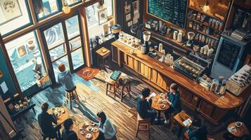 Cozy cafe with people enjoying coffee and pastries in cartoon style. Ambiance is inviting and serene photo