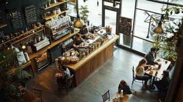 Cozy cafe with people enjoying coffee and pastries. Ambiance is inviting and serene photo