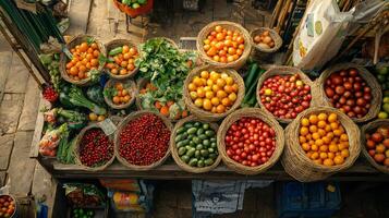 Colorful fruit and vegetable market. Stand with a variety of fresh produce for sale photo