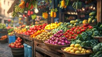 Colorful fruit and vegetable market. Stand with a variety of fresh produce for sale photo