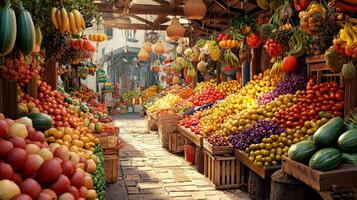 Colorful fruit and vegetable market. Stand with a variety of fresh produce for sale photo