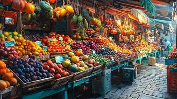 Colorful fruit and vegetable market. Stand with a variety of fresh produce for sale photo