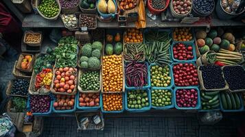 Colorful fruit and vegetable market. Stand with a variety of fresh produce for sale photo