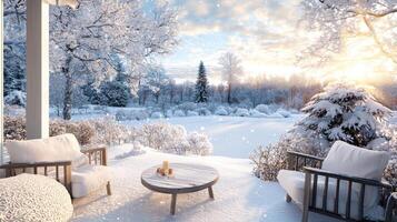 Cozy winter warm house. View from the terrace to the snowy forest photo