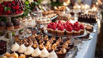 Gourmet desserts displayed elegantly for event. Tempting treats buffet, dainty, delicacies, desserts photo