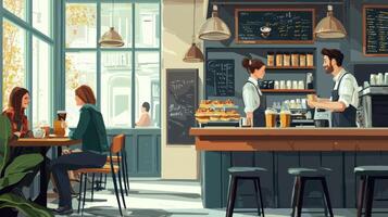 Cozy cafe with people enjoying coffee and pastries in cartoon style. Ambiance is inviting and serene photo