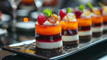 Gourmet desserts displayed elegantly for event. Tempting treats buffet, dainty, delicacies, desserts photo