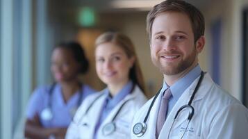 Medical professionals in healthcare setting. Diverse group of doctors in scrubs photo