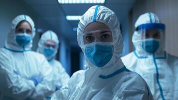 Medical professionals in healthcare setting. Diverse group of doctors in scrubs photo