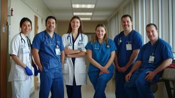 Medical professionals in healthcare setting. Diverse group of doctors in scrubs photo